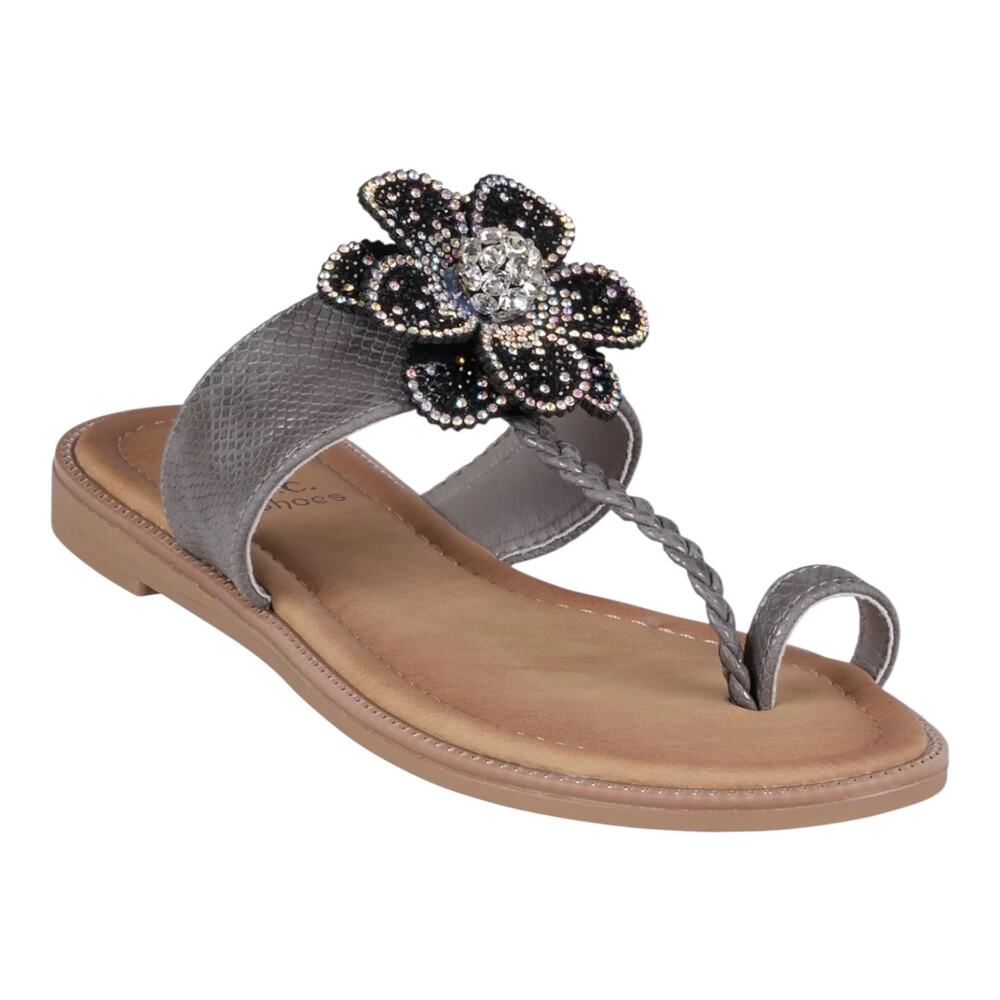 GC Shoes Women's Blossom Flower Embellished Toe Ring Flat Sandals Pewter Size 7